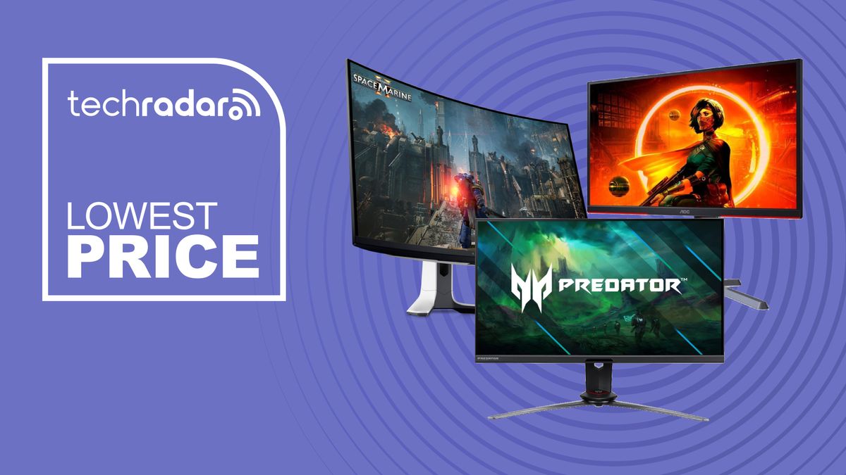 Three gaming monitors on a purple background with white lowest price text