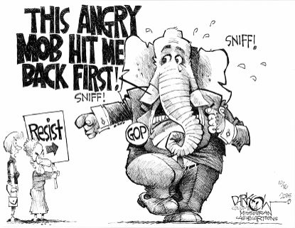 Political cartoon U.S. GOP angry mob women voters paid protesters