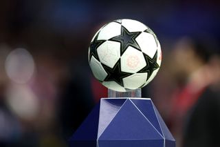 A general view of the adidas UEFA Champions League match ball on display ahead of the UEFA Champions League 2024/25 League Phase MD6 match between Atletico de Madrid and SK Slovan Bratislava at Riyadh Air Metropolitano on December 11, 2024 in Madrid, Spain. (Photo by