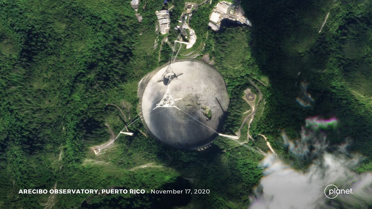 This satellite image shows the damage done to the Arecibo radio telescope's dish.