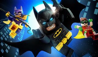 Lego Batman, Lego Batgirl, and Lego Robin flying into action