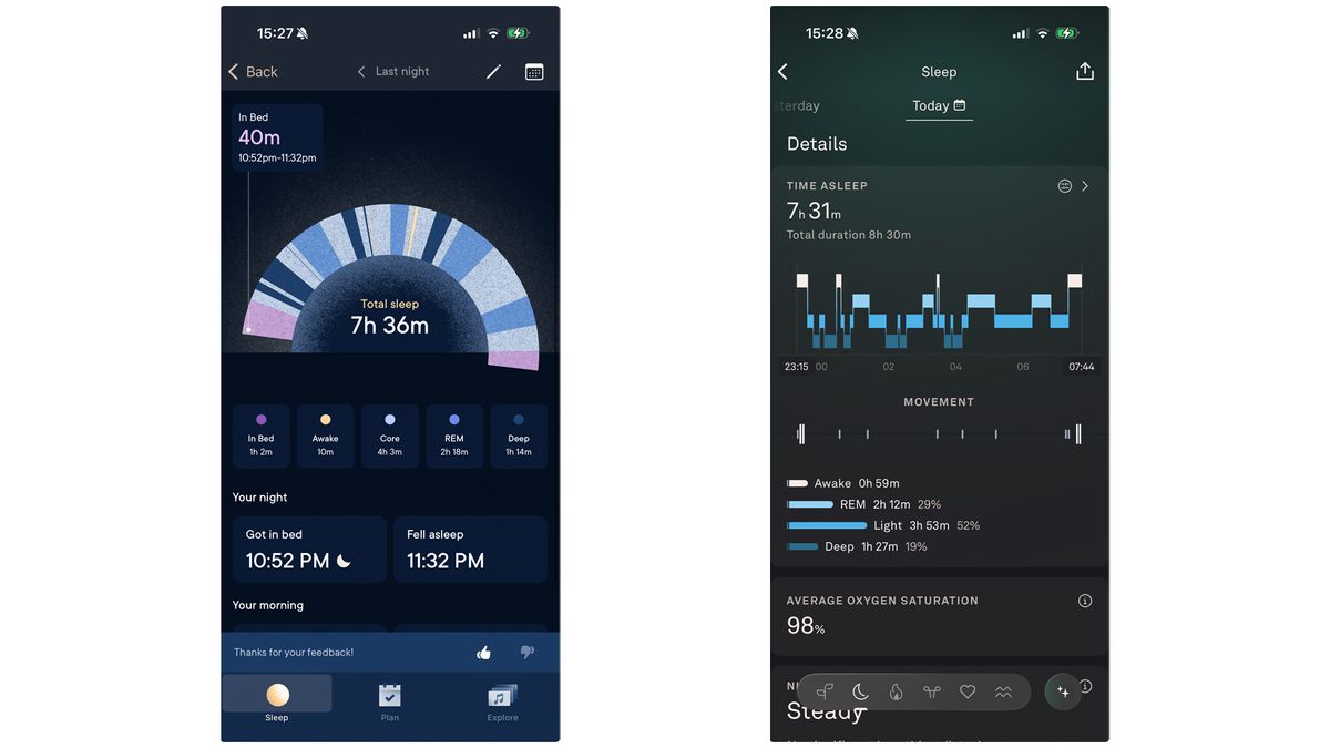 On the left is a screenshot of sleep tracking data from the Hatch app. On the right is a screenshot of sleep tracking data from the Oura app. There are slight discrepancies in the data.