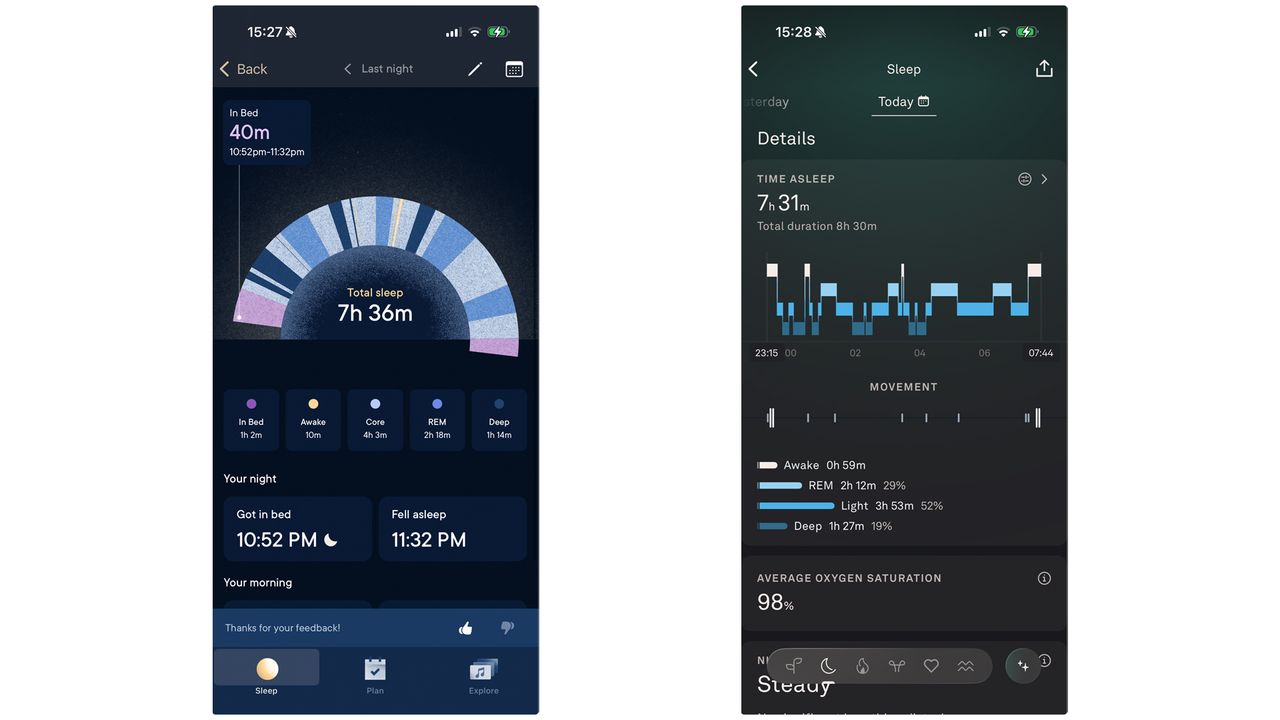 On the left is a screenshot of sleep tracking data from the Hatch app. On the right is a screenshot of sleep tracking data from the Oura app. There are slight discrepancies in the data.