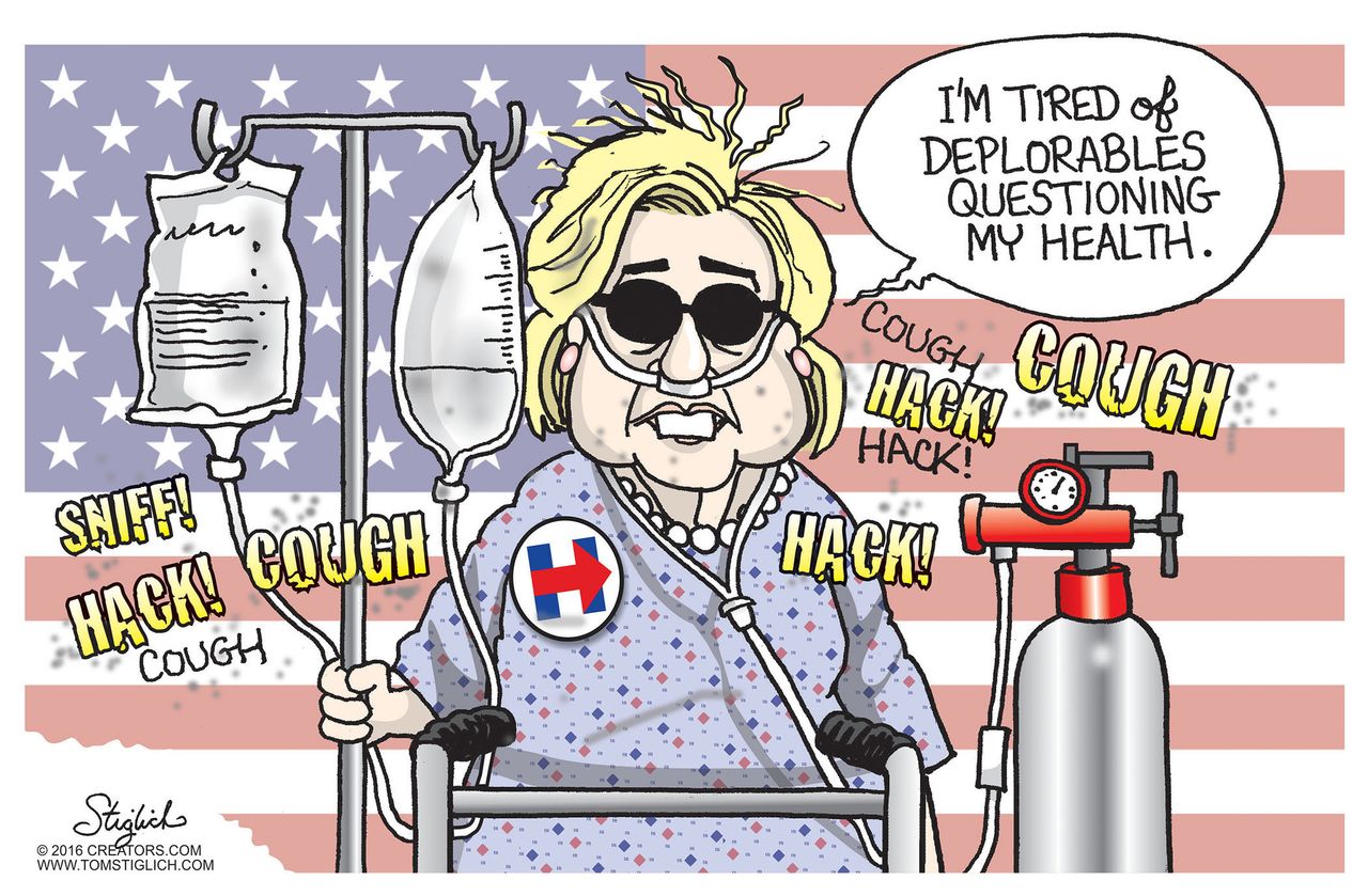 Political cartoon U.S. 2016 election Hillary Clinton health