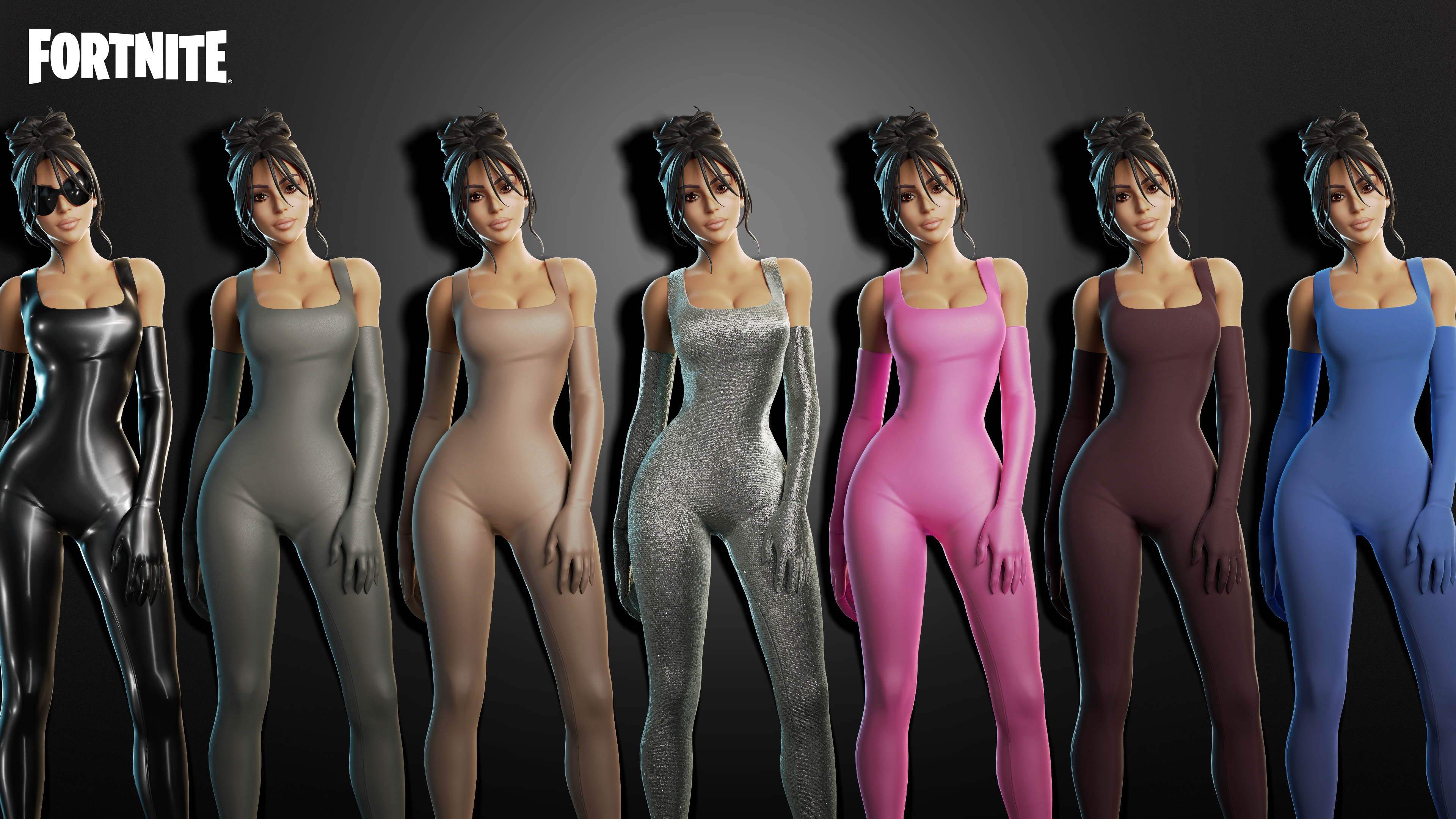 Kim Kardashian in a jumpsuit outfit in various colors, side by side