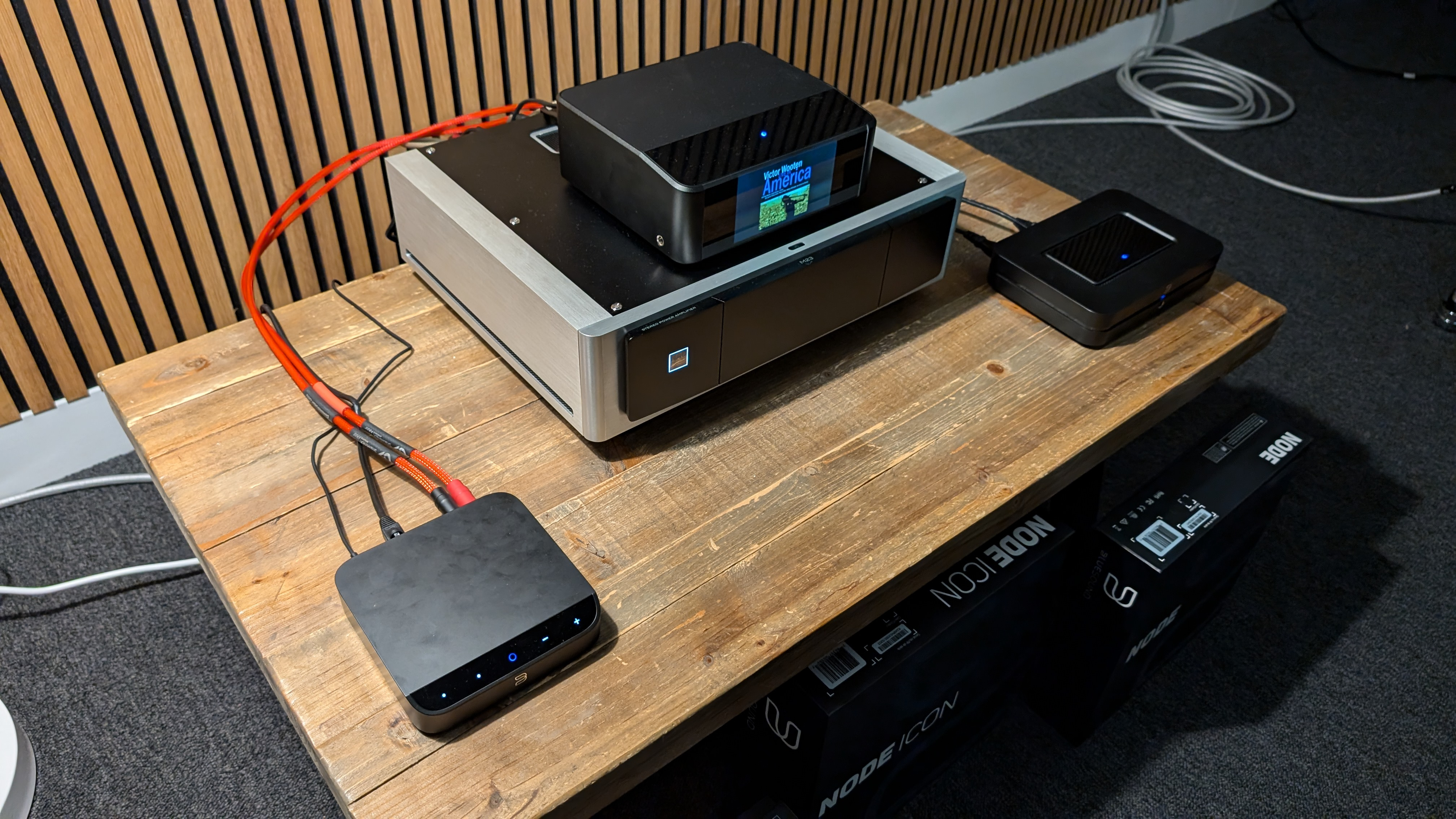 Bluesound Node, Nano and Icon on a table