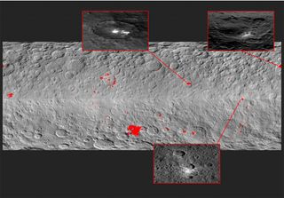 Mosaic showing 130 bright spots on Ceres. Top left: A haze appears above Occator Crater when the sun hits it, suggesting the crater contains subsurface water ice. Top right: A kind of haze also appears above Oxo Crater, the second-brightest structure on Ceres. Bottom: A typical crater without water.