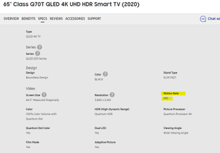 Samsung Q70T QLED TV specifications with motion rate