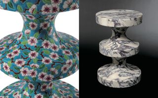 Bishop stools designed by India Mahdavi, one with flower pattern, the other in marble, image from her monograph