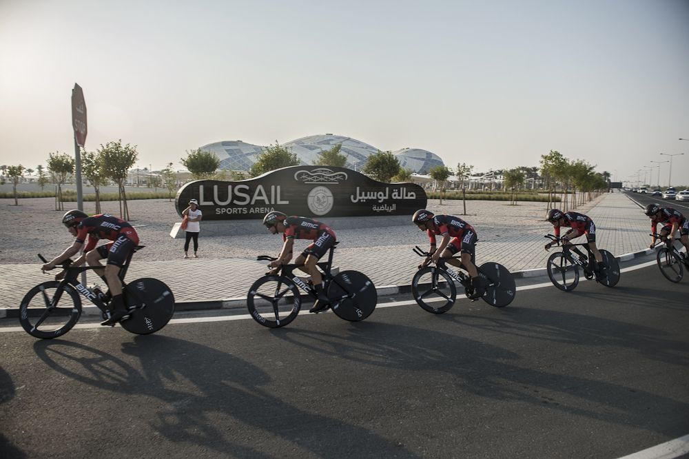 BMC racing en route to second place in the 2016 UCI Road Worlds team time trial