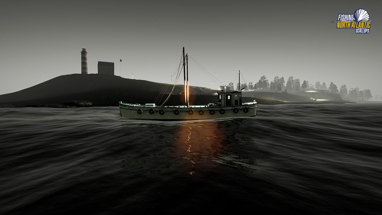 A screenshot from the game Fishing: North Atlantic's Scallops expansion. There are boats and scallops.
