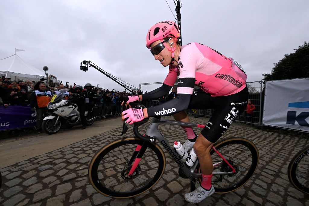 OUDENAARDE BELGIUM APRIL 02 Neilson Powless of The United States and Team EF EducationEasypost competes passing through a Paterberg cobblestones sector during the 107th Ronde van Vlaanderen Tour des Flandres 2023 Mens Elite a 2734km one day race from Brugge to Oudenaarde UCIWT on April 02 2023 in Brugge Belgium Photo by Tim de WaeleGetty Images