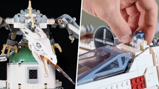 The Lego Dragon from the Gringotts set perched upon a building, next to a hand placing R2-D2 into the UCS X-Wing
