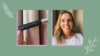 Freelance beauty editor Lisa Barrett holding clinique high impact mascara and wearing it for this Clinique High Impact Mascara review