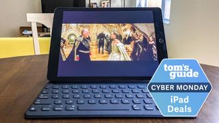 iPad 9th Gen playing video with Cyber Monday deal badge