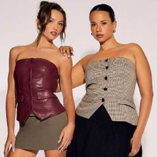 Two models wearing strapless tops and skirts from Forever 21.