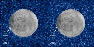 a marbled, blurry blue background shows a split image of a scarred, grey planet, with a white blob labeled 'plume' on the left of each.