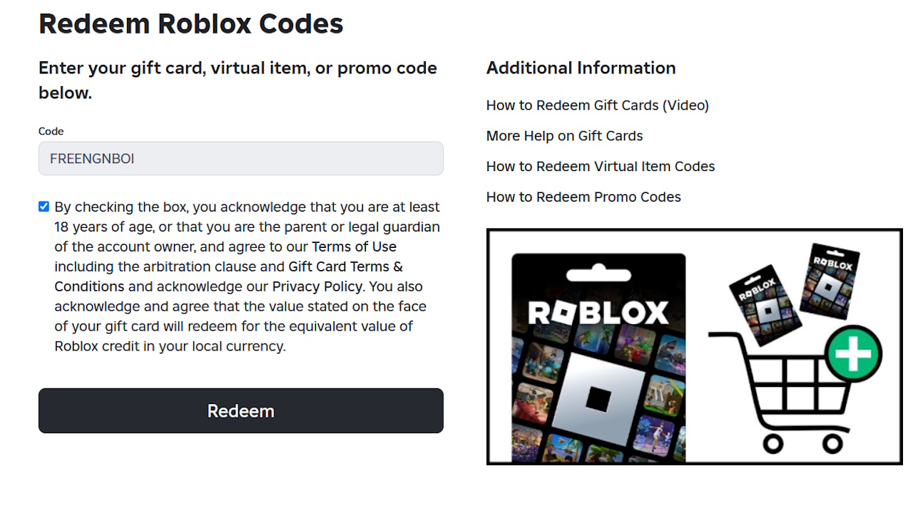 Redeem Roblox codes website with a code input and the consent box ticked.