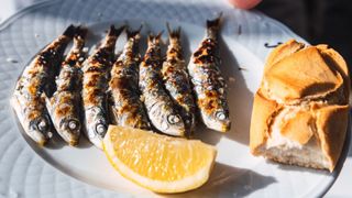 Sardines on plate with bread and lemon