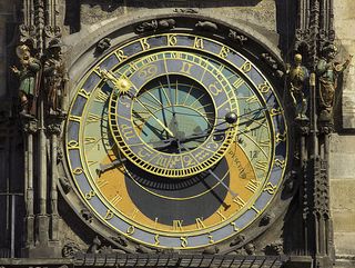 This astronomical clock is located in the Old Town Square in Prague. Installed in 1410, it is the oldest such clock still in operation. It indicates the local and sidereal time; positions of the sun and moon along the ecliptic; times for astronomical night, daybreak and sunrise; and more.