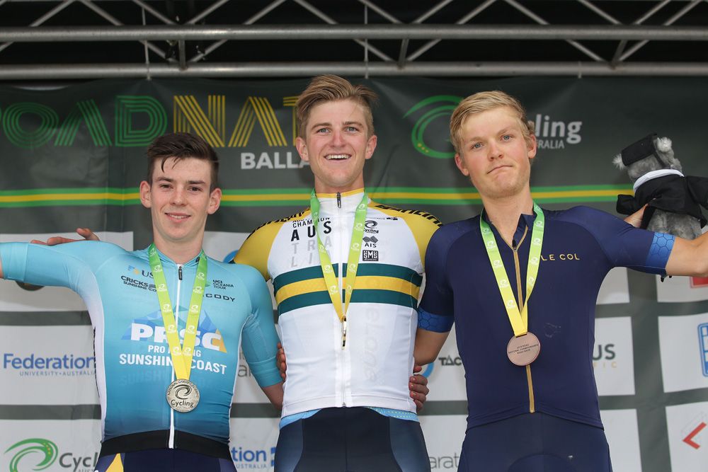 The men's U23 podium (l-r) Michael Potter (Pro Racing Sunshine Coast), Nicholas White (Team Bridge Lane) and Samuel Jenner (Team Wiggins Le Col)
