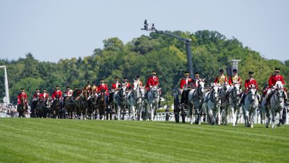 ASCOT, ENGLAND - JUNE 18: The royal procession make their way down the course on day two during Royal Ascot 2025 at Ascot Racecourse on June 18, 2025 in Ascot, England. (Photo by Alan Crowhurst/Getty Images for Ascot Racecourse)