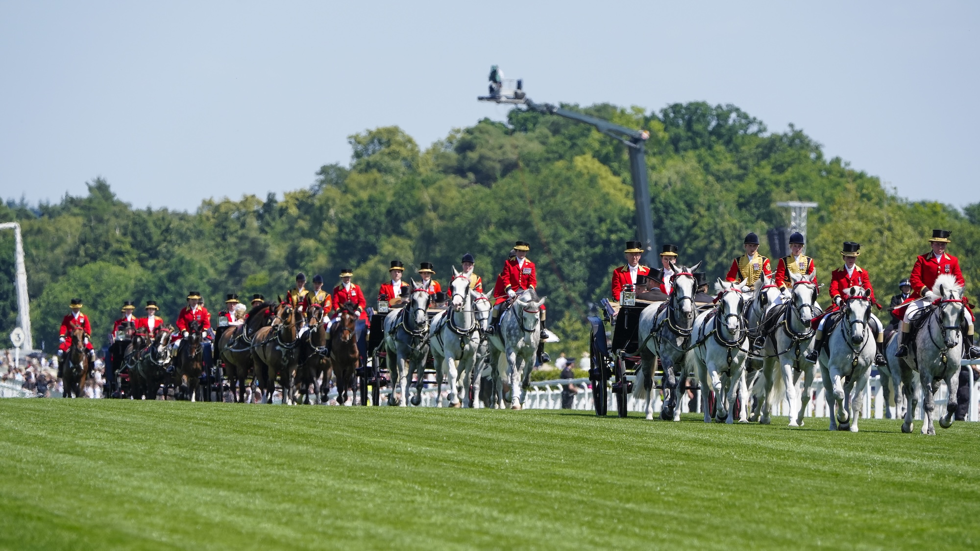 ASCOT, ENGLAND - JUNE 18: The royal procession make their way down the course on day two during Royal Ascot 2025 at Ascot Racecourse on June 18, 2025 in Ascot, England. (Photo by Alan Crowhurst/Getty Images for Ascot Racecourse)