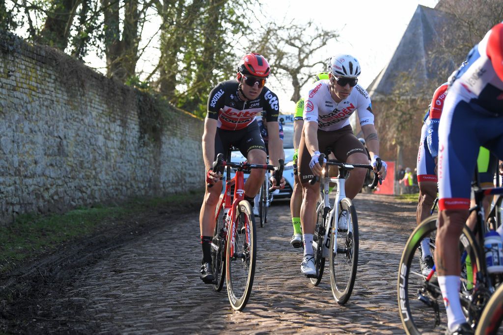 DOUR BELGIUM MARCH 02 Sylvain Moniquet of Belgium and Team Lotto Soudal Marc Sarreau of France and AG2R Citron Team during the 53rd Grand Prix Le Samyn 2021 Mens Elite a 2054km race from Quaregnon to Dour GPSamyn on March 02 2021 in Dour Belgium Photo by Luc ClaessenGetty Images