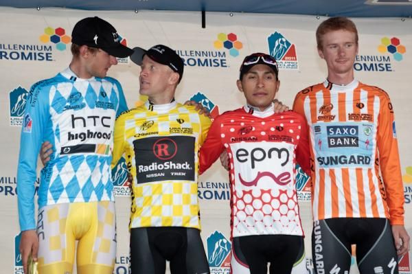 Levi Leipheimer (Radioshack) and Tejay Van Garderen (HTC-Highroad) discuss the day on the podium.
