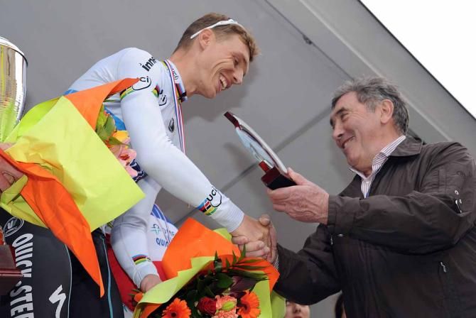 Eddy Merckx congratulates Tony Martin on his third consecutive Chrono des Nations victory.
