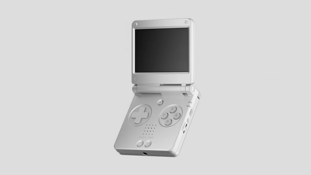 Anbernic RG SP in silver with clamshell open and grey backdrop.
