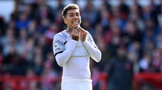 Liverpool striker Roberto Firmino reacts during the Premier League match between Nottingham Forest and Liverpool on 22 October, 2022 at the City Ground, Nottingham, United Kingdom