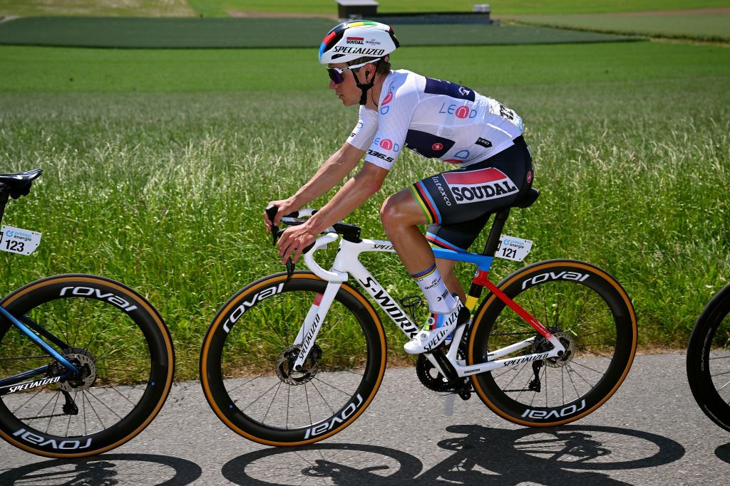 NOTTWIL SWITZERLAND JUNE 12 Remco Evenepoel of Belgium and Team Soudal QuickStep White best young jersey competes during the 86th Tour de Suisse 2023 Stage 2 a 1737km stage from Beromnster to Nottwil UCIWT on June 12 2023 in Nottwil Switzerland Photo by Dario BelingheriGetty Images