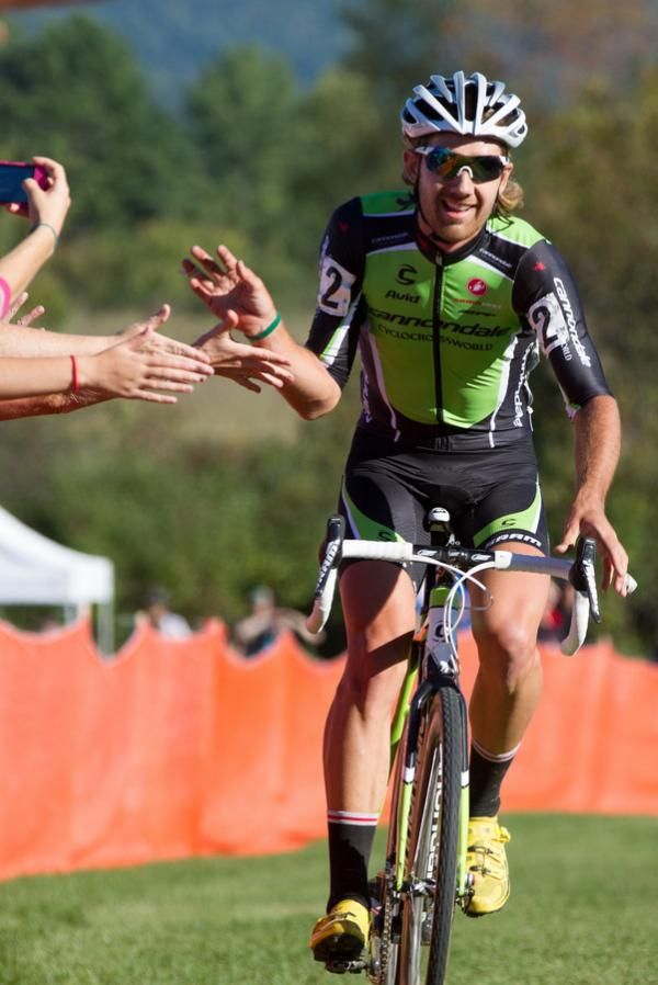 High fives for everyone as Driscoll approaches the line with a sizeable gap on Bazin