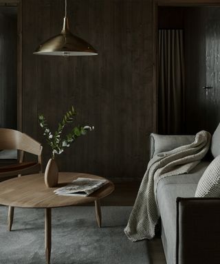 Living room with gray furniture and dark wood in Uni Villa in Finland