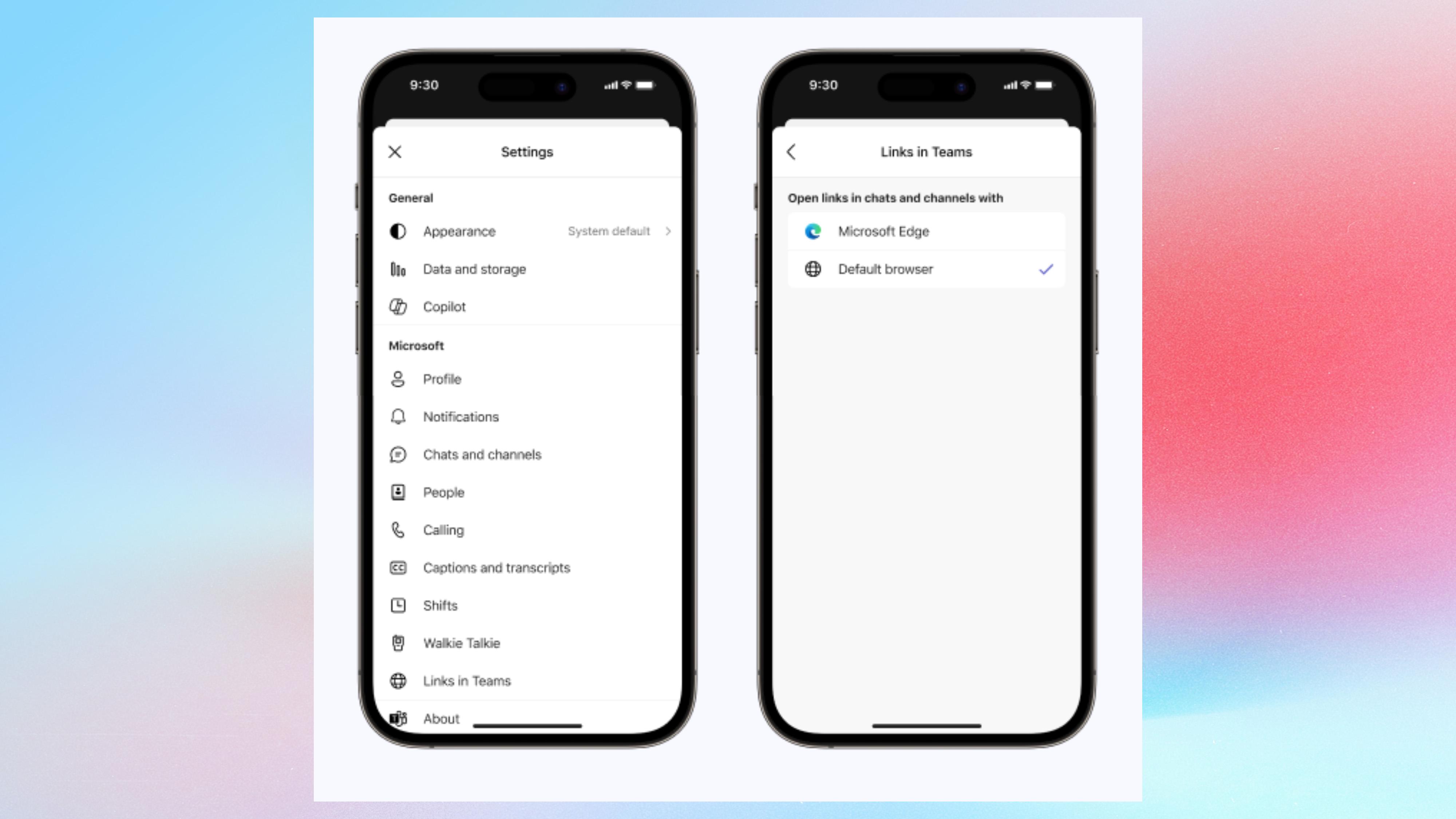 Microsoft Links in Teams screenshot of settings
