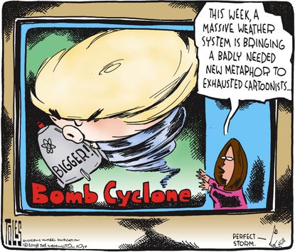 Political cartoon U.S. Trump bombcyclone snow weather nuclear weapons