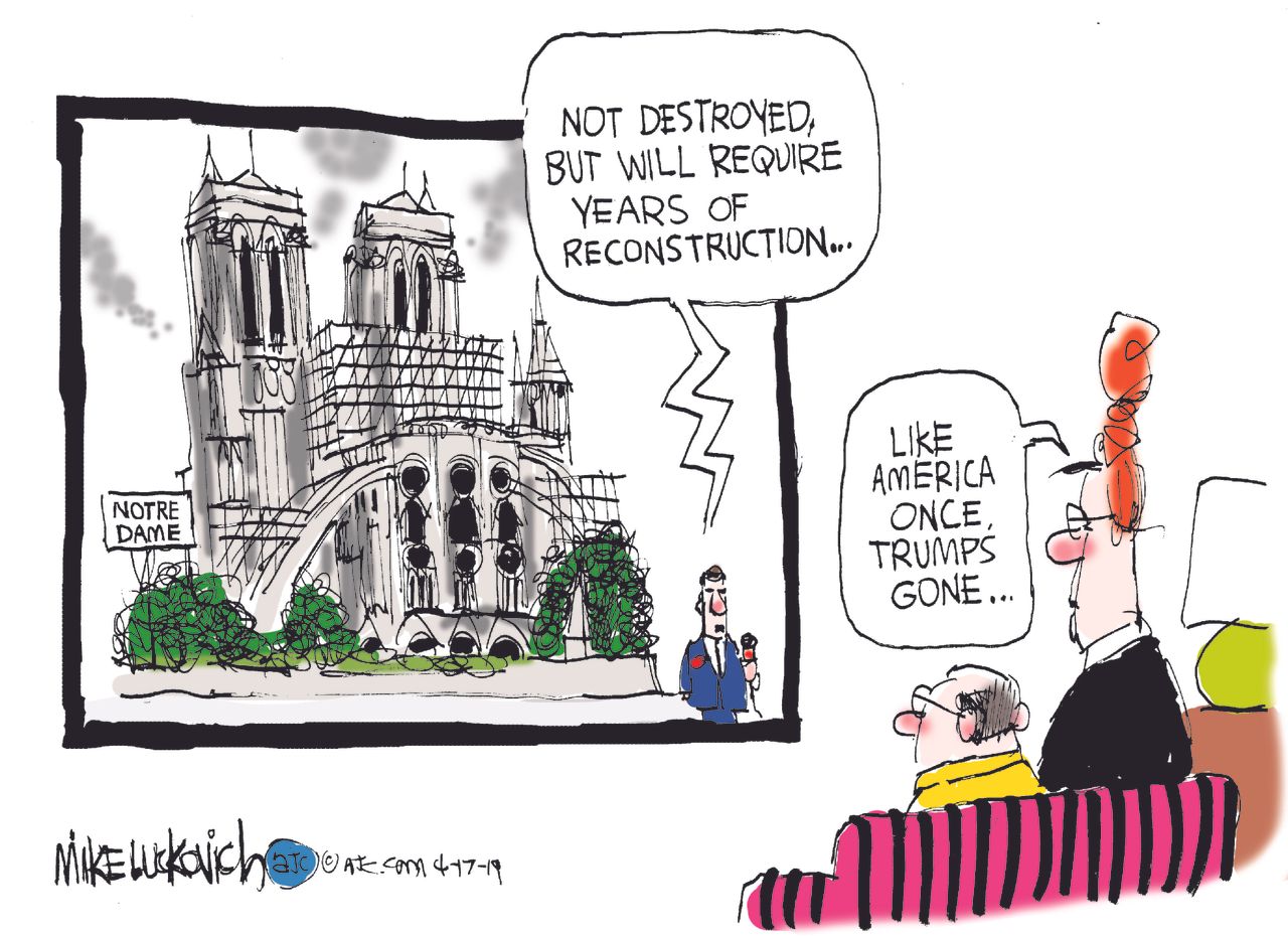 Political Cartoon U.S. Notre Dame Cathedral Trump MAGA 2020 election