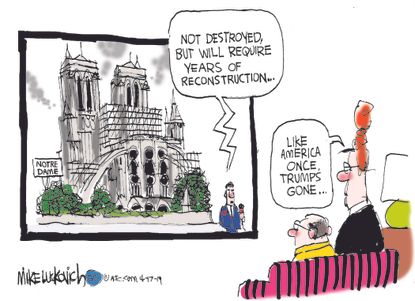 Political Cartoon U.S. Notre Dame Cathedral Trump MAGA 2020 election