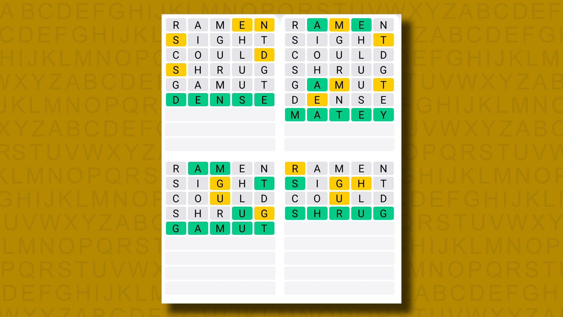 Quordle answers for game 1319 on a yellow background
