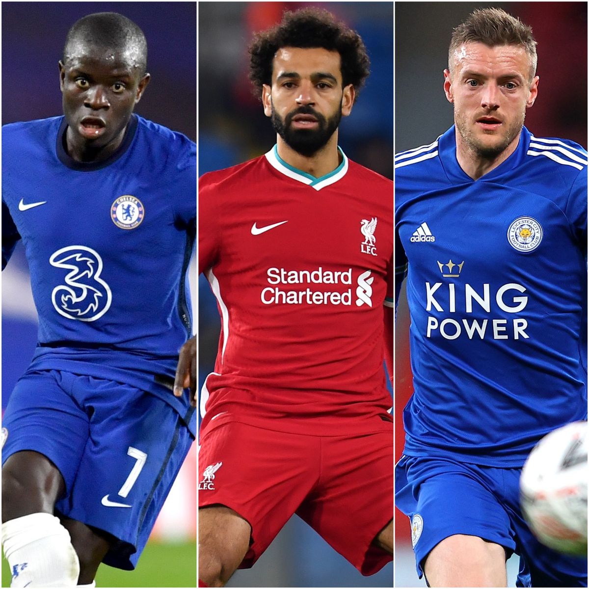 N’Golo Kante, Mohamed Salah and Jamie Vardy