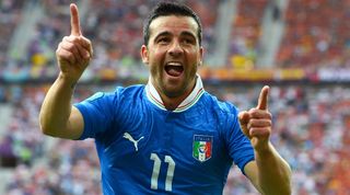 Antonio Di Natale celebrates after scoring for Italy against Spain at Euro 2012.