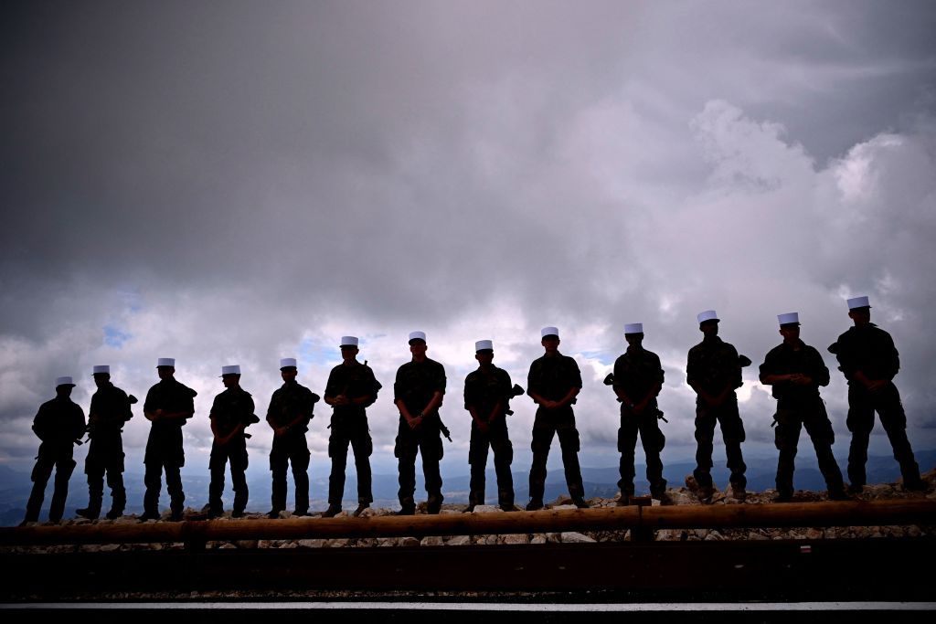 French soldiers wait at the summit of the Mont Ventoux during the 11th stage of the 108th edition of the Tour de France cycling race 198 km between Sorgues and Malaucene on July 07 2021 Photo by AnneChristine POUJOULAT AFP Photo by ANNECHRISTINE POUJOULATAFP via Getty Images