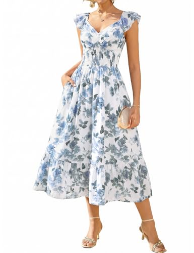Grace Karin Womens Floral Summer Dress Pockets, V-Neck Ruffled Sleeves Smocked A-Line Dresses for Women Uk, Wedding Guest Holiday Dresses Boho Beach White-Blue Gray Floral M