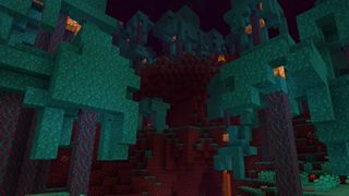 Minecraft netherite - a view of the nether inside a warped forest