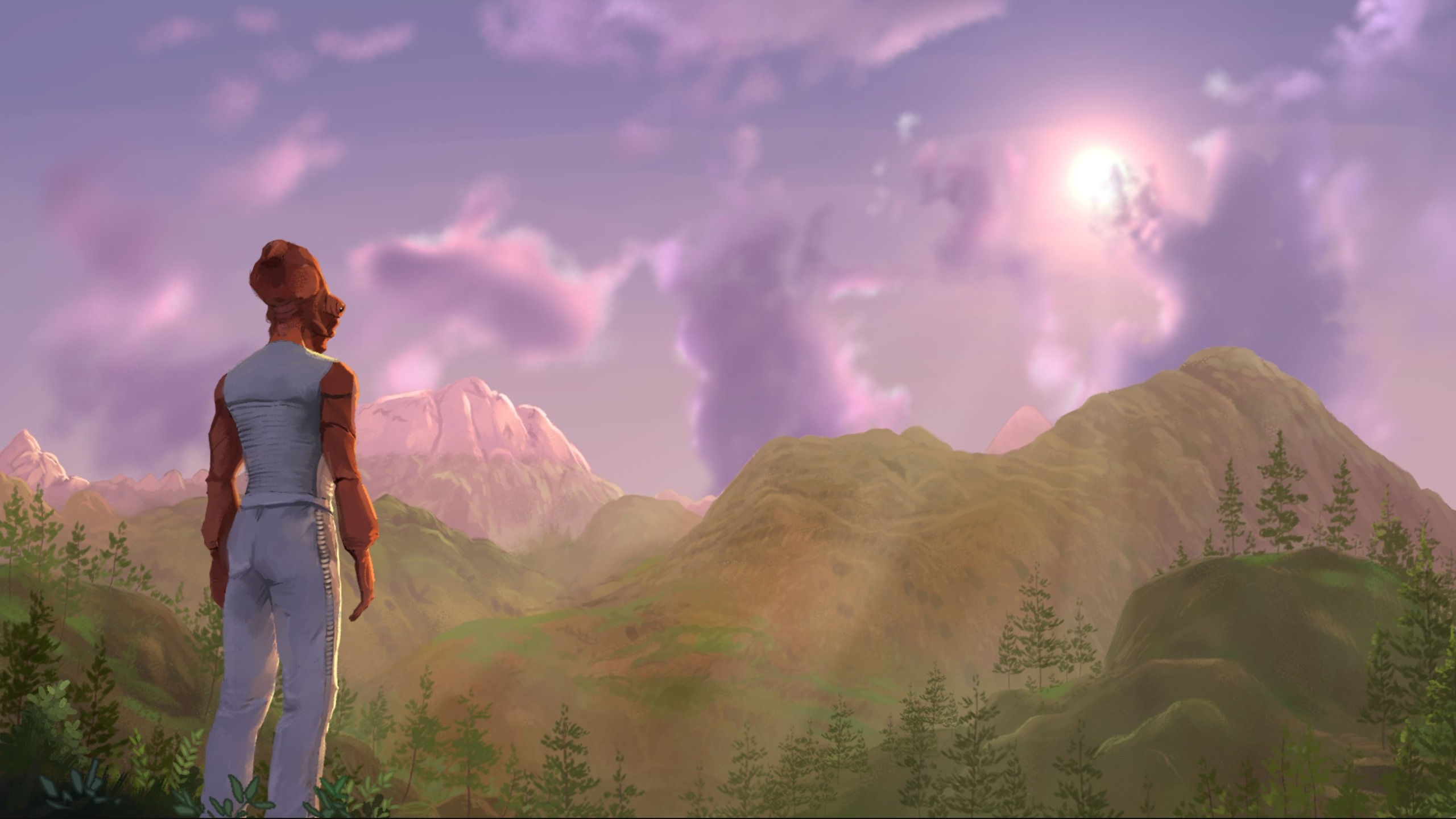 A Mon Calamari looks toward the sun setting over lush mountain ranges in Star Wars Galaxies