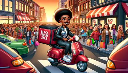 cartoon-style image of a food delivery driver delivering food for a Black Friday sale event