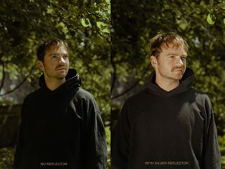 Two pictures side by side comparing a man in a black hoodie with trees behind taken with and without a reflector