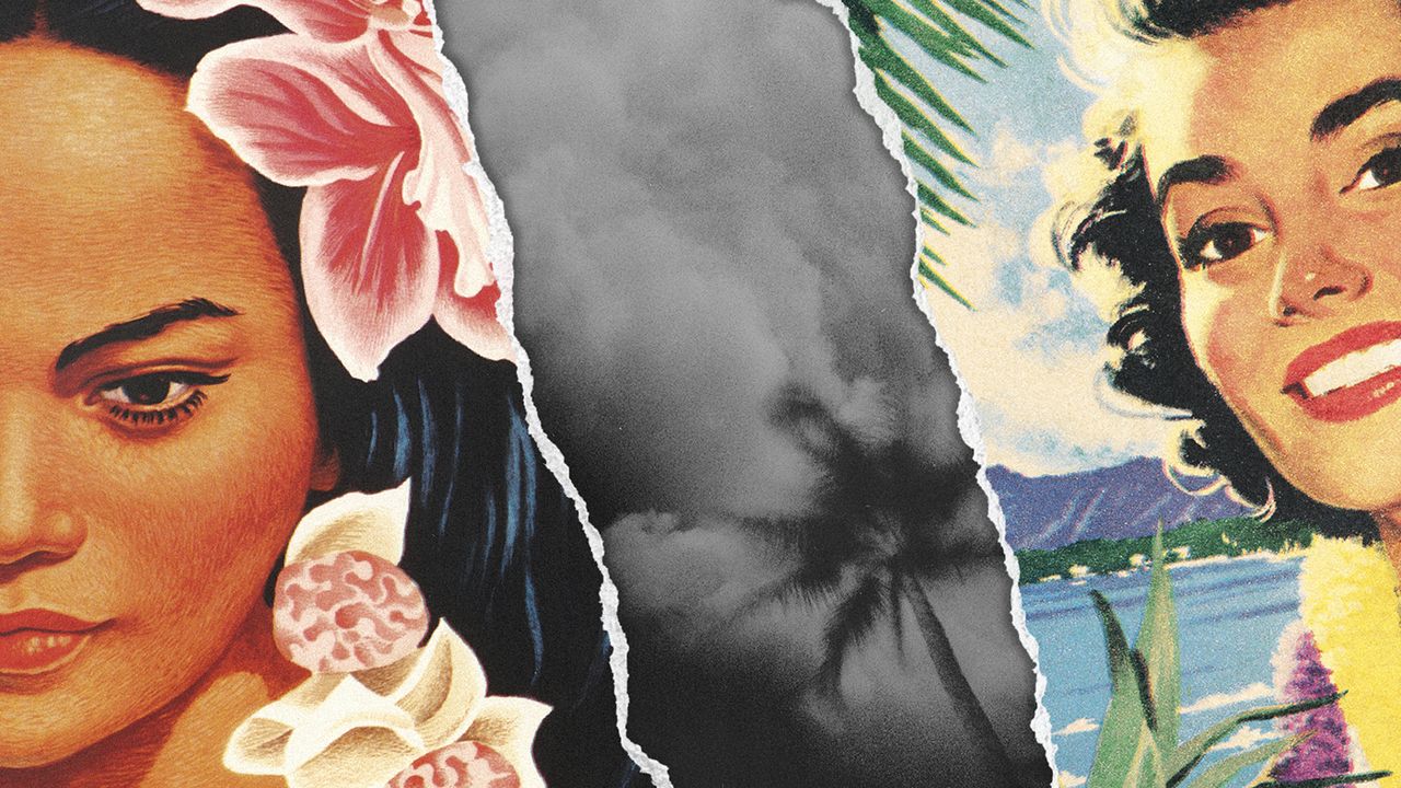 Illustration of colourful travel imagery juxtaposed with scenes of the Hawaii wildfires