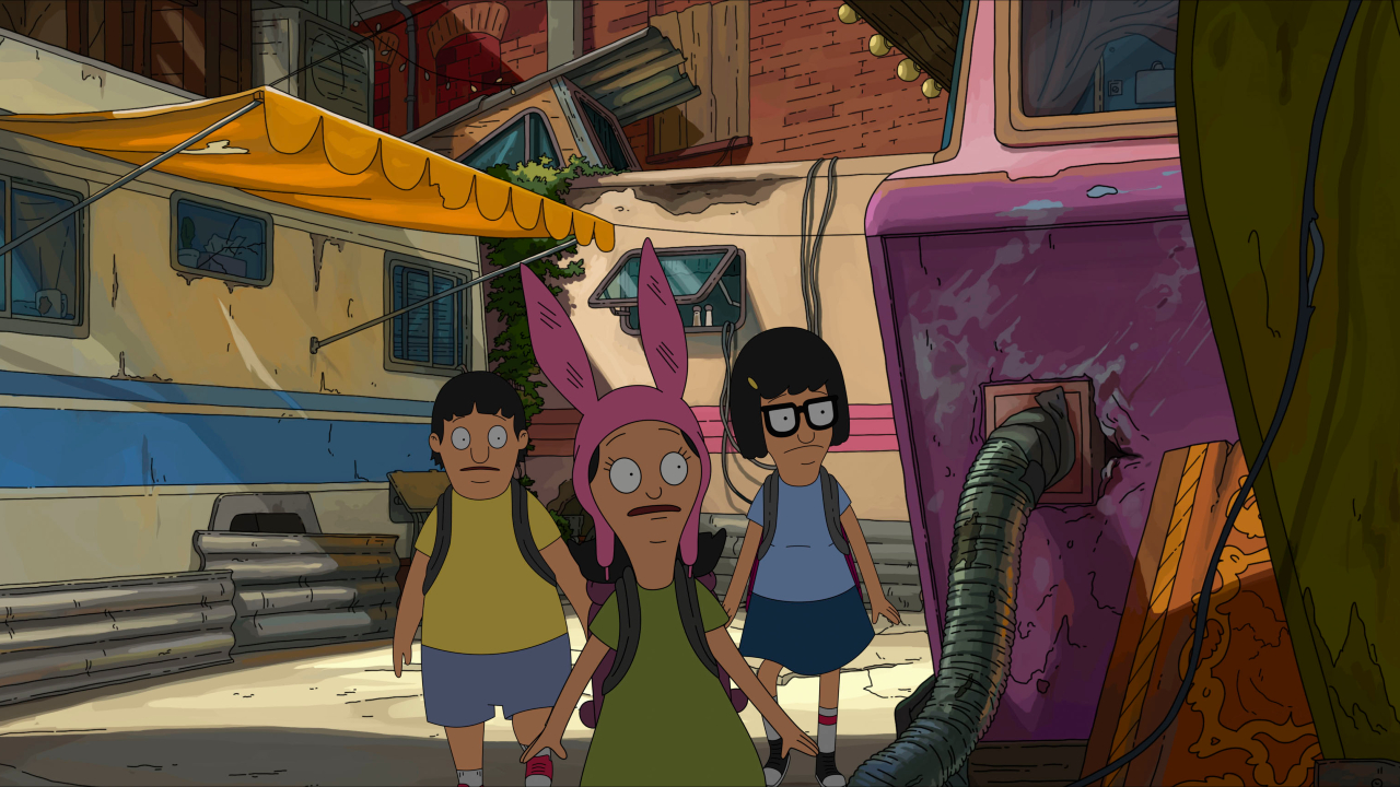 Gene, Louise, and Tina exploring a run down setting in The Bob's Burgers Movie.